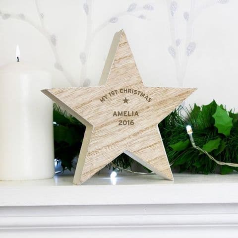 Personalised Wooden Star Christmas Decoration - Rustic Natural Christmas Star Any Name and Message