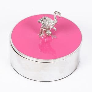 Pink Flamingo Trinket Jewellery Box - Round Pink and Silver Plated Flamingo Gift