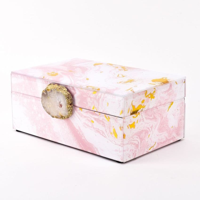Pink Marbled Glass Jewellery Box with agate gold clasp