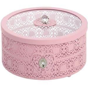 Pink Metal Lace Storage Box - Vintage Style round dressing table or kitchen storage tin