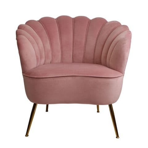 Pink Velvet Scalloped Back Tulip Design Cocktail Chair With Brass Coloured Legs