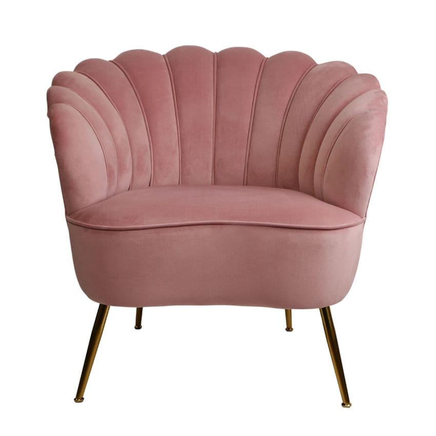 Pink Velvet art deco style Scalloped Back Tulip Design Cocktail Chair - pink Velvet Ocassional Retro Tub Chair with brass legs for bedroom and lounge.