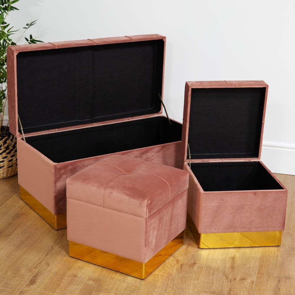 Pink Velvet Storage Ottoman Set Of 3 Pretty Upholstered Home Storage