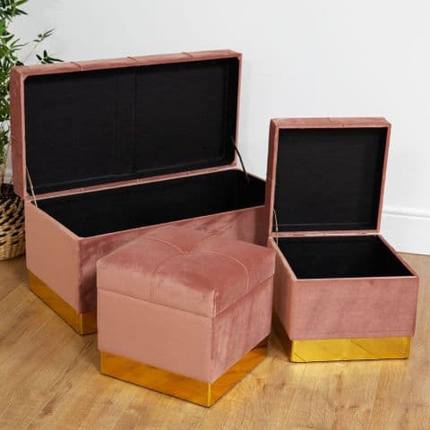 Pink Velvet Storage Ottoman Set Of 3 Pretty Upholstered Home Storage Chests & Stools
