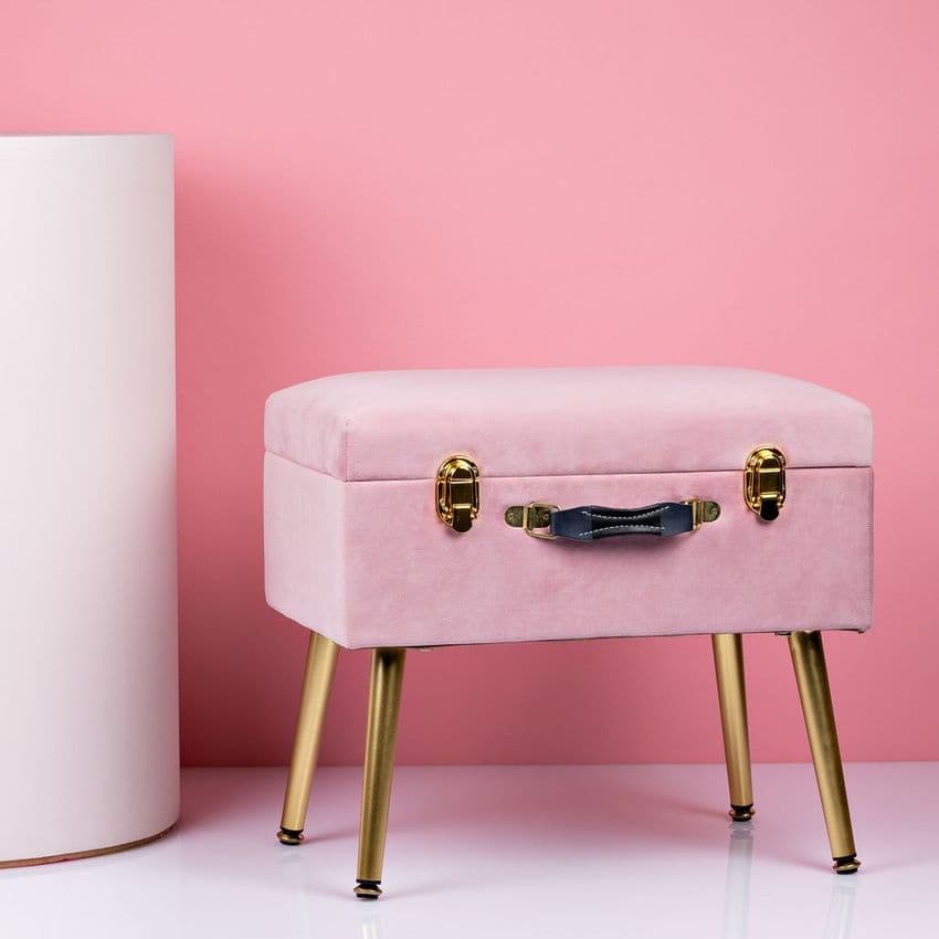 Pink Velvet Storage Stool - Retro Style Footstool with storage. Perfect for small spaces.