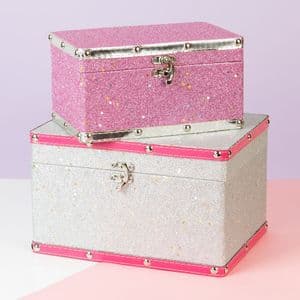 Pink & White Glitter Decorative Storage Boxes Set Of 2