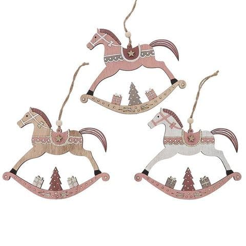 Pink Wooden Rocking Horse Carousel Ornaments – Set of 3 Hanging Christmas Decorations