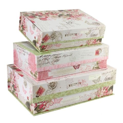 Pretty Floral Storage Boxes - Tri-Coastal Pink and Green Floral Set Of 3 Photo Document Office Storage Box - Gift