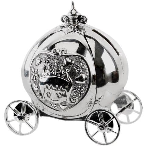 Princess Cinderella Carriage Money Box - Silver Plated Baby Girl Christening Gift