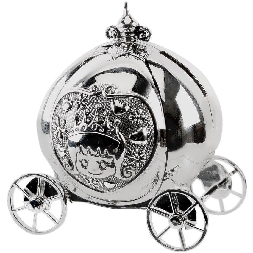 Princess Cinderella Carriage Money Box - Silver Plated Baby Girl Christening Gift