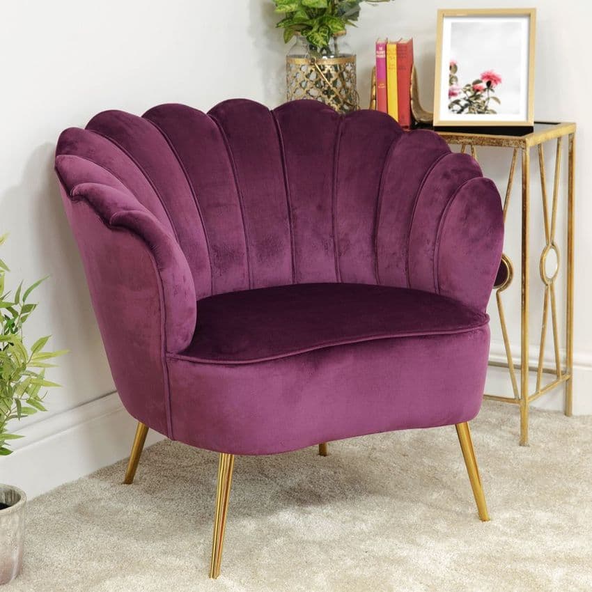 Purple Velvet Scalloped Back Tulip Design Cocktail Chair - Mulberry Velvet Ocassional Retro Tub Chair
