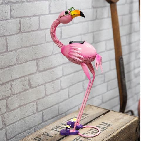 Quirky Pink Flamingo Metal Garden Ornament Sculpture With Solar Powered Lights