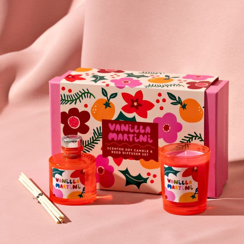 Raspberry Blossom Scented Candle & Diffuser fun Gift Set Vanilla Martini fragrance - Christmas gift for her