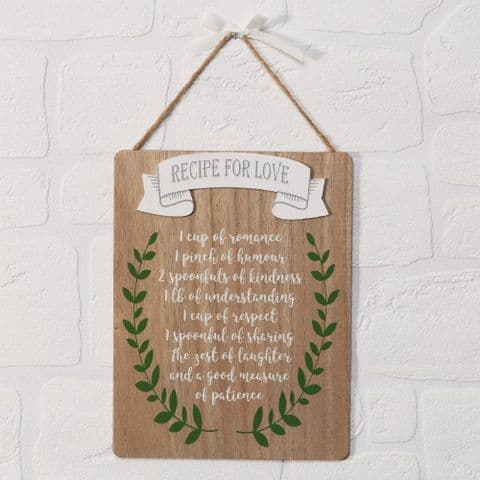 Recipe For Love Hanging Wall Plaque - Valentine, Wedding & Anniversary Gift