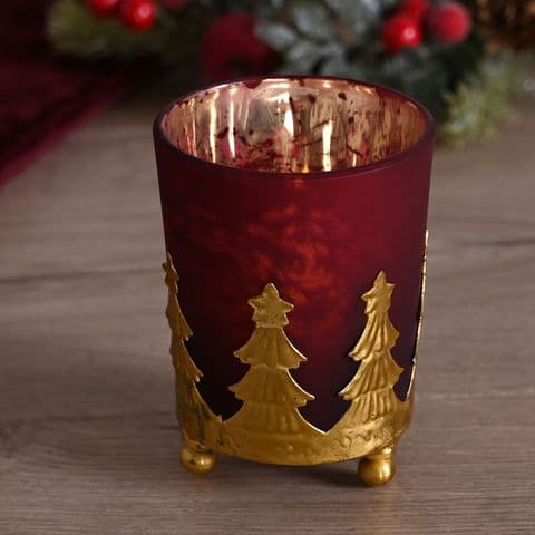 Red and Gold Glass Christmas Tree Design Tea Light Candle Holder