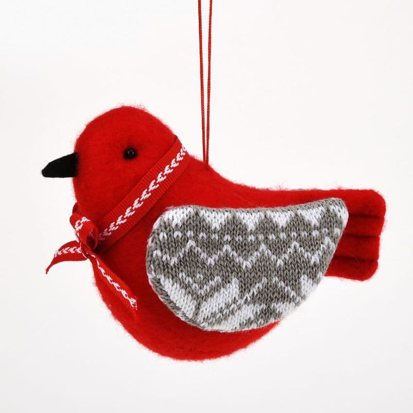 Red and Grey Scandi folk fabric bird - Handmade Nordic Christmas Decoration from Posh Bananas UK