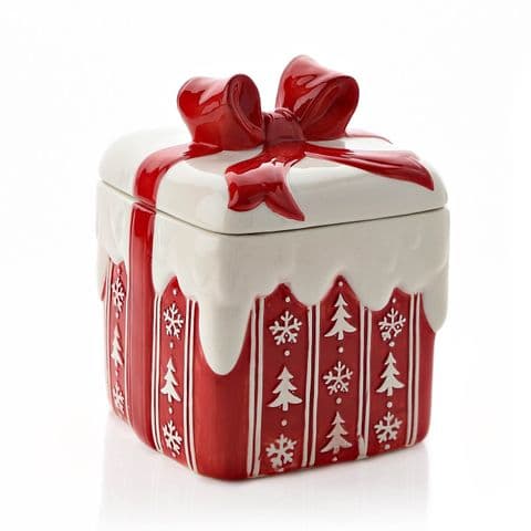Red and White Nordic Scandi Gift Shaped Christmas Cookie Jar