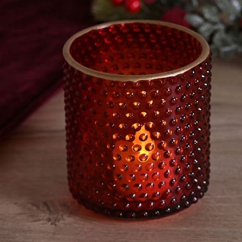 Red Dotted Glass With Gold Rim Candle Holder 9cm