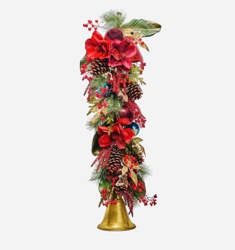 Red Magnolia Christmas Garland with Baubles, Foliage & Gold Bell | Luxurious Festive Decoration