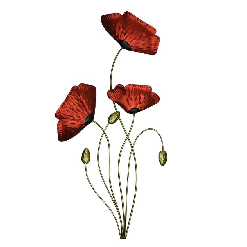 Red Poppy Metal Wall Art Ornament For Home and Garden. Hand made colourful metal garden sculpture