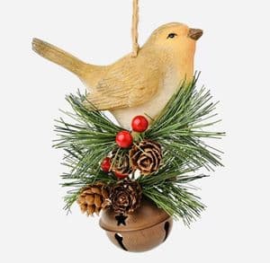 Resin Robin on Bell Hanging Decoration with Festive Foliage | Country Christmas Ornament