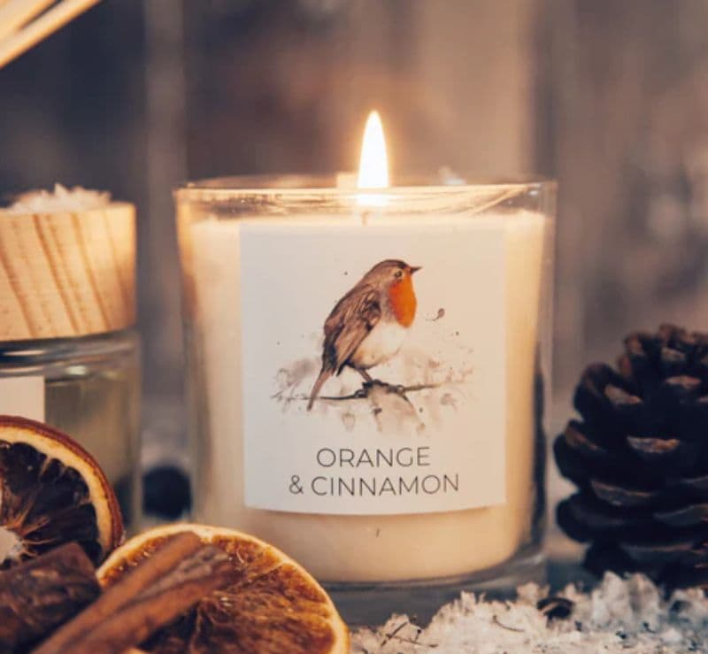 Robin Redbreast Design Scented Candle by UK designer Meg Hawkins Home Fragrance Christmas Gift
