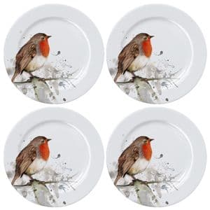 Robin Redbreast Design Set Of 4 Porcelain Dinner Plates by Meg Hawkins