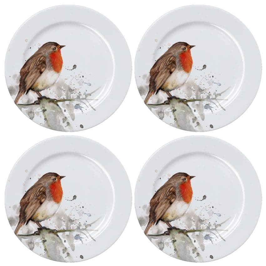 Robin Redbreast Design Set Of 4 white porcelain dinner plates by Meg Hawkins Christmas Gift