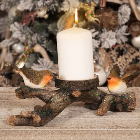 Robin Redbreasts On A Log Candle Holder Christmas Decoration Ornament