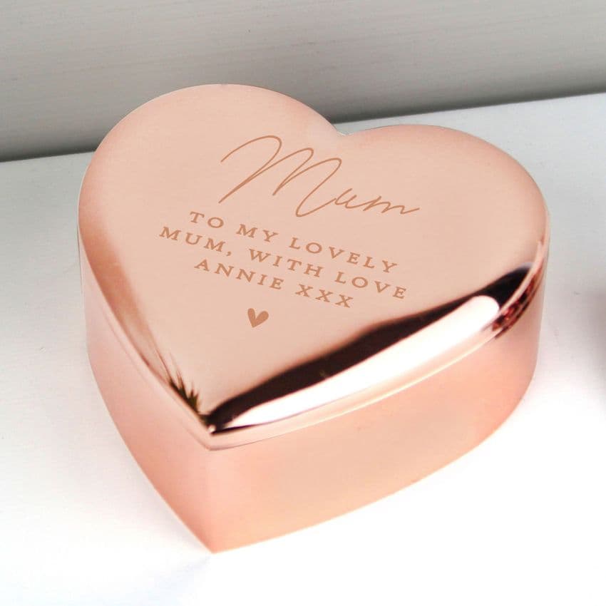 Rose Gold Personalised Heart Shaped Trinket Box Gift.