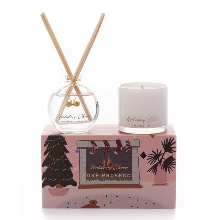 Rose Prosecco Scented Candle & Diffuser Gift Set By The Aromatherapy Conpany - Christmas gift for her