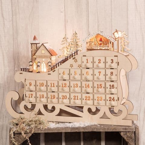 Rustic Wooden Advent Calendar Christmas Sleigh Light Up Village Scene Natural Wood