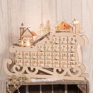 Rustic Wooden Advent Calendar Christmas Sleigh Light Up Village Scene Natural Wood