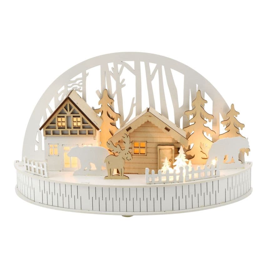 Rustic Wooden Forest Scene Light Up Christmas Decoration Ornament White and natural wood.