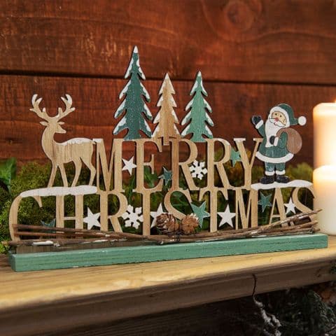 Rustic Wooden Merry Christmas Mantel Sign Plaque Woodland Theme