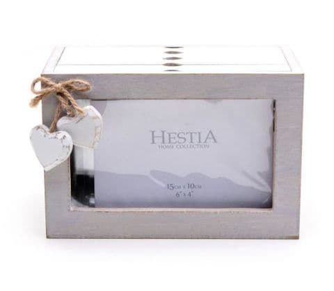 Rustic Wooden Shabby Chic Photo Storage Box With White Hanging Hearts