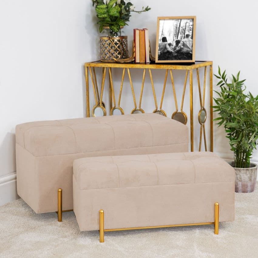 Set of 2 Champagne Velvet Storage Benches With Satin Brass Trim. Velvet Ottoman Set