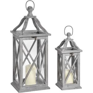 Set Of 2 Grey Wooden Luxury Lanterns With Cross Design and Open Top