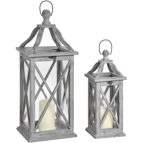 Set Of 2 Grey Wooden Luxury Lanterns With Cross Design and Open Top