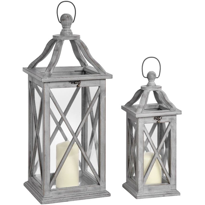 Set Of 2 Grey Rustic Wooden Luxury Lanterns With Cross Design and Open Top