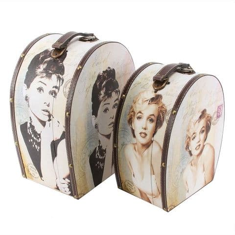 Set Of 2 Hollywood Themed Storage Vanity Cases - Marilyn Monroe and Audrey Hepburn Oval Train Case Set