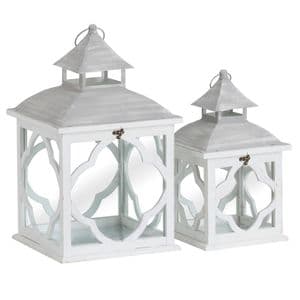 Set Of 2 White Wooden Luxury Lanterns Moroccan Marrakesh Inspired Design