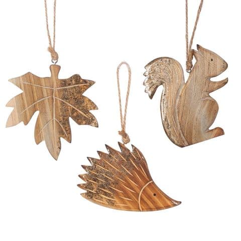 Set Of 3 Carved Woodland Christmas Decorations - Squirrel Hedgehog Leaf