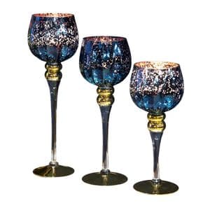 Set Of 3 Dark Blue Mercury Goblet Style Luxury Candle Holders Table Centre Piece.
