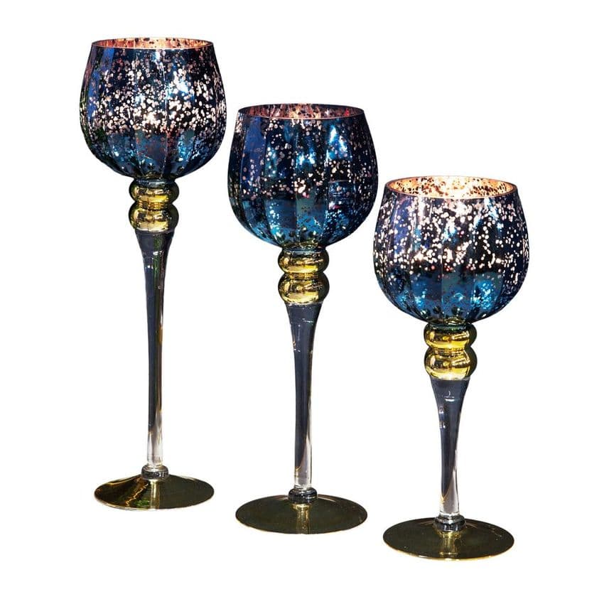 Set Of 3 Dark Blue Mercury Goblet Style Luxury Candle Holders Christmas Table Centre Piece.
