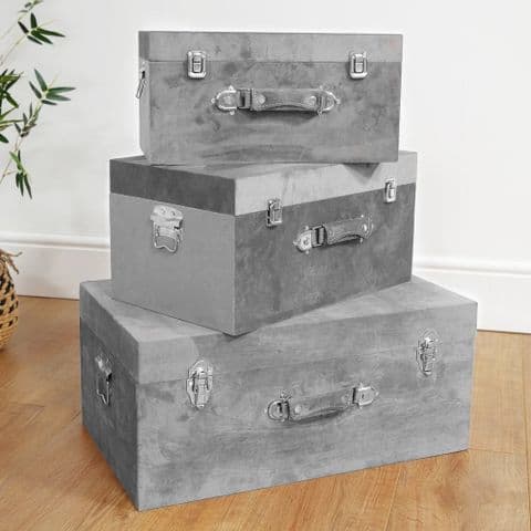 Set of 3 Grey Velvet Luxury Storage Boxes suitcase style