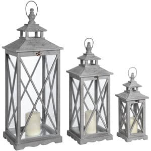 Set Of 3 Grey Wooden Luxury Lanterns With Cross Design