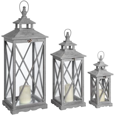 Set Of 3 Grey Wooden Luxury Lanterns With Cross Design