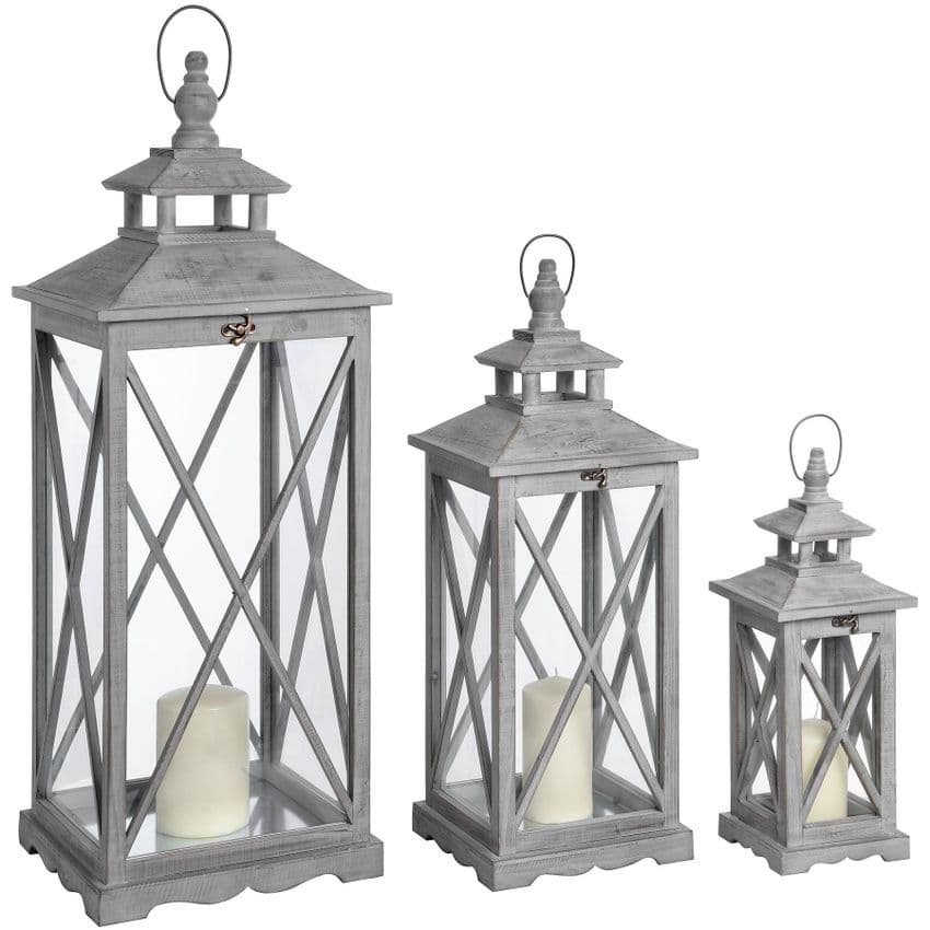 Set Of 3 Extra large Grey Rustic Wooden Luxury Lanterns With Cross Design