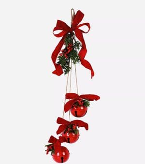 Set of 3 Hanging Red Bells with Velvet Bow & Christmas Foliage | Statement Woodland Decoration